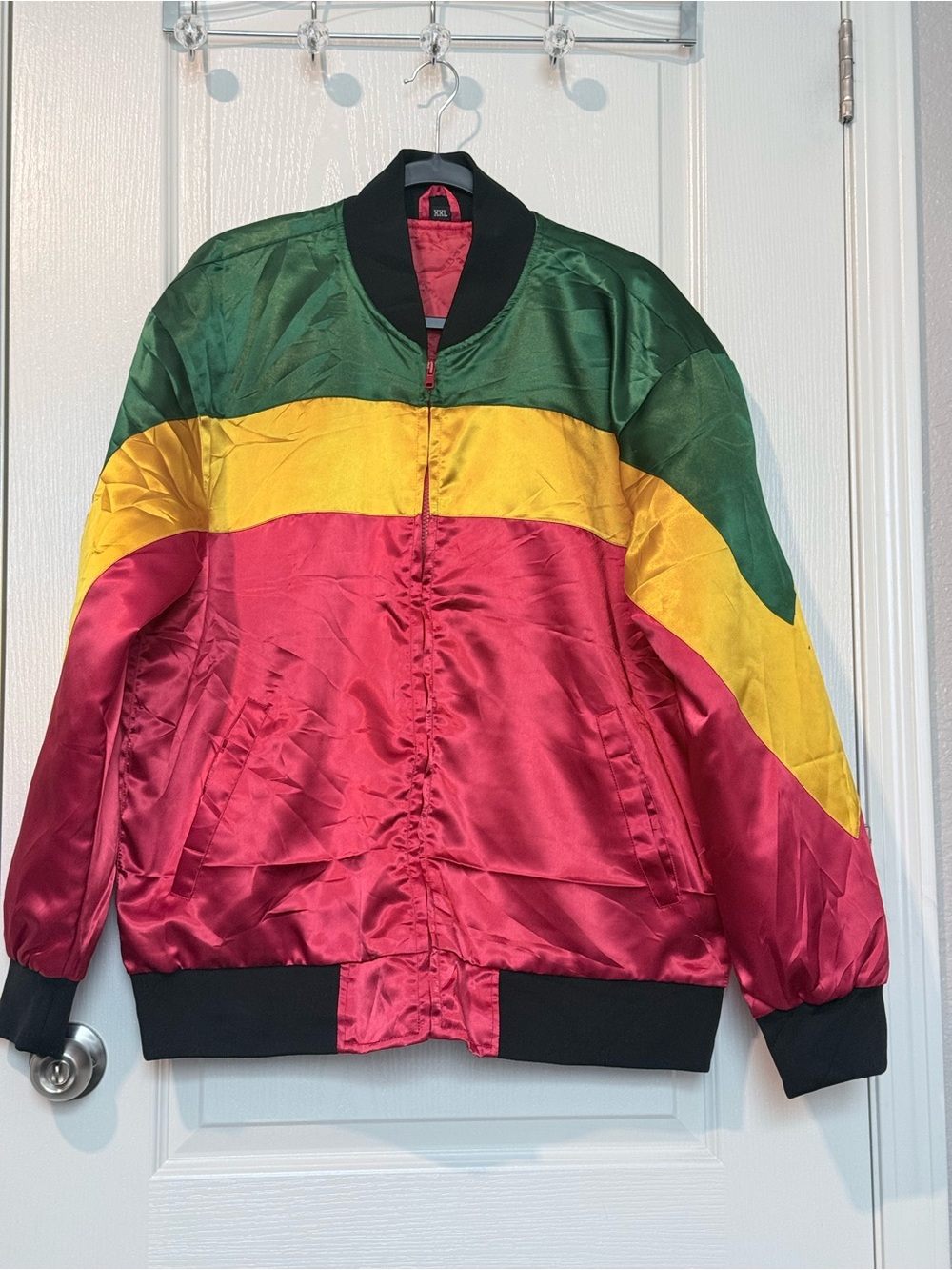 Mens XXL Rasta Color Block Satin Bomber Jacket Red Yellow Green
